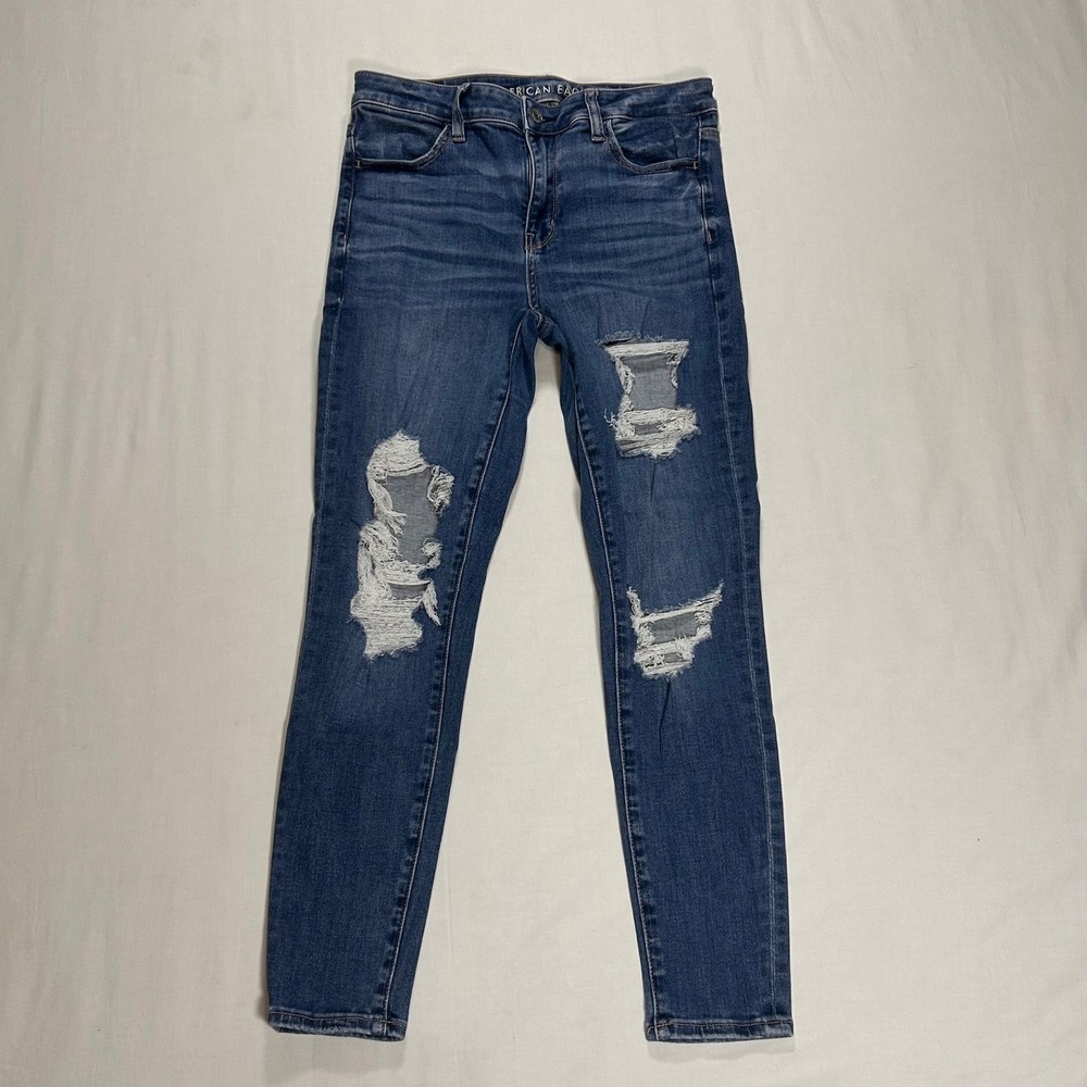 American Eagle Womens 8 Short Mid‎ Rise Ripped Skinny Jeans Blue